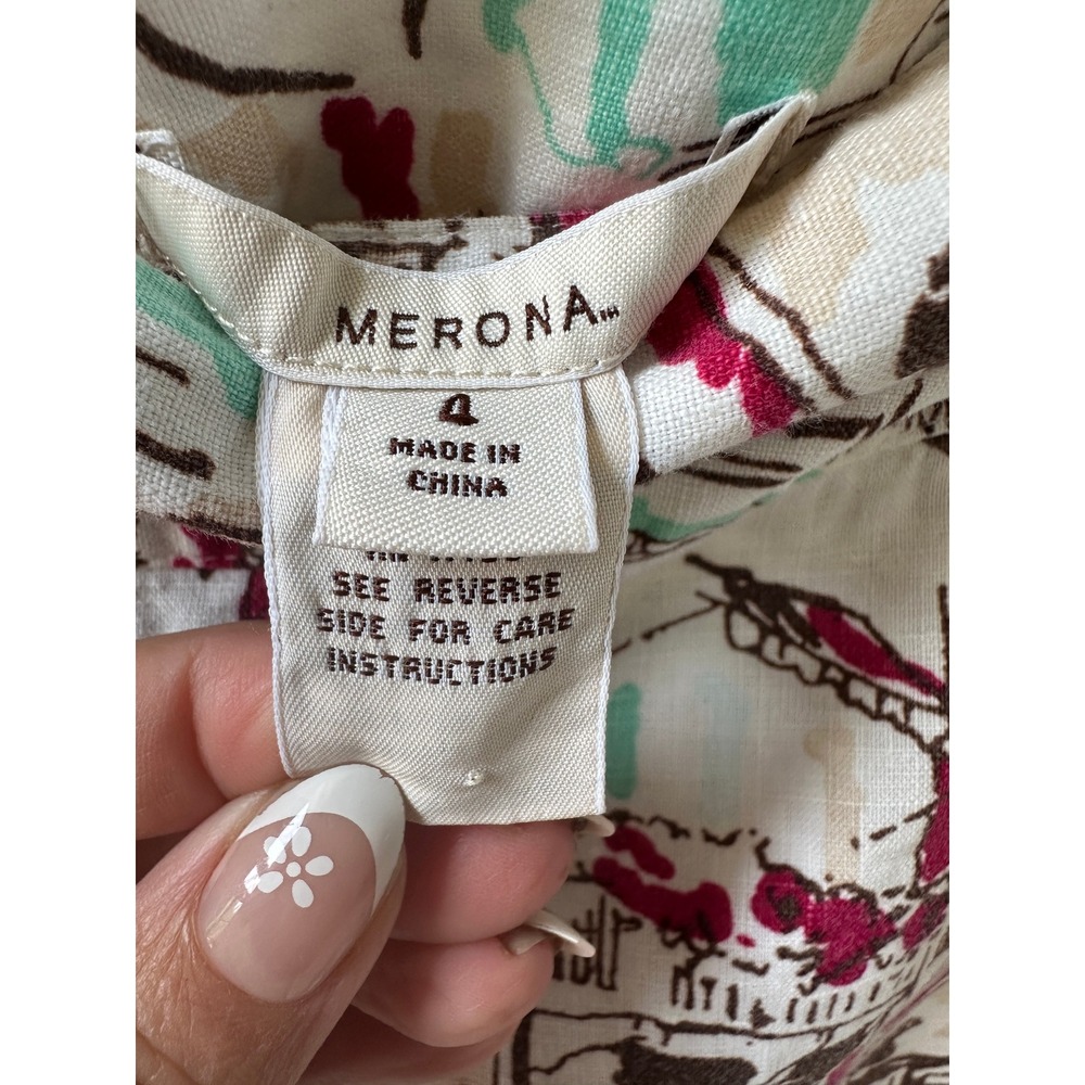 Merona Womens 100% Linen A-Line Skirt Size 4 Floral Architectural Print Cream - Picture 4 of 4